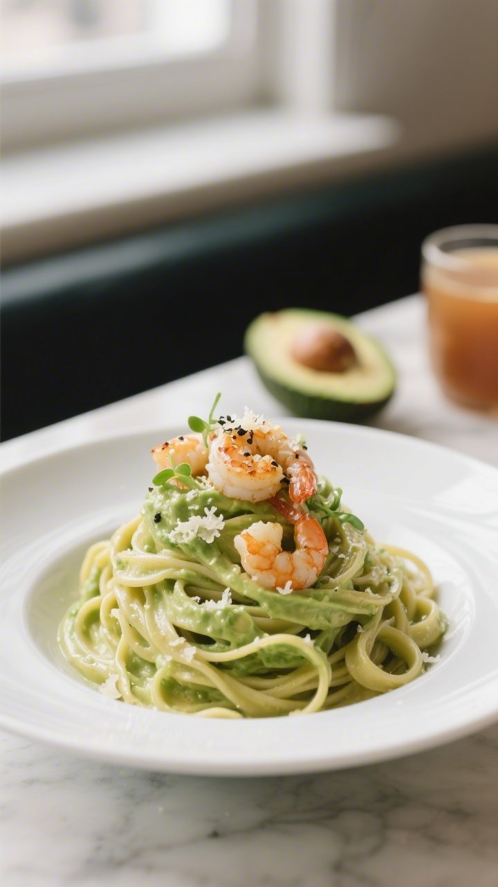 45-degree plated shot of creamy avocado Alfredo whole wheat fettuccine twirled high in a shallow white bowl, sauce made from ripe avocado, warmed low-sodium broth, and finely grated parmesan; topped with sautéed shrimp kissed with olive oil, extra parmesan snow, black pepper, and a few microgreens; set on a light marble surface with half an avocado and a warm broth cup blurred in the background, soft natural window light