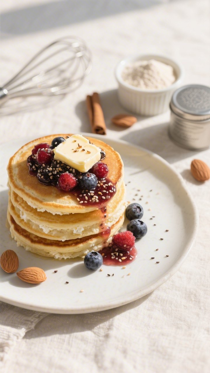 45-degree plated stack of golden cottage cheese pancakes on a matte white plate, topped with glossy berry-chia compote (mixed berries simmered, visible chia seeds), a pat of butter melting, light cinnamon specks, and a faint vanilla vibe; almond flour and coconut flour in small ramekins in the background with a whisk and baking powder tin; bright morning light on a pale linen for a fresh, high-protein keto mood.