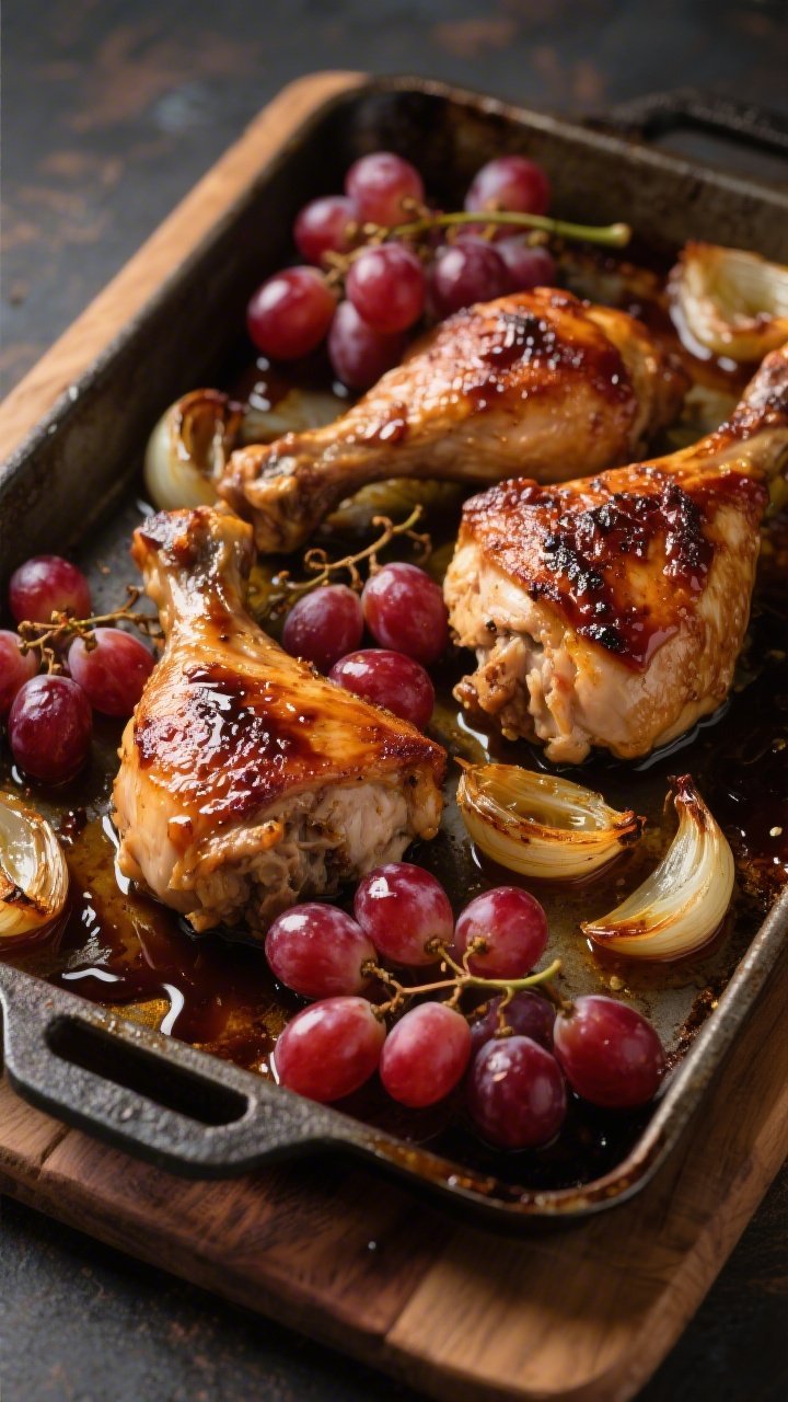 45-degree sheet-pan roast of balsamic chicken with grapes and shallots: bone-in, skin-on chicken thighs lacquered with balsamic vinegar, olive oil, and honey, nestled among red seedless grapes (some still on the vine) and quartered shallots. The grapes are burst and jammy, shallots caramelized at the edges, sticky pan juices pooling. Rustic pan set on a wooden board, deep autumnal tones.