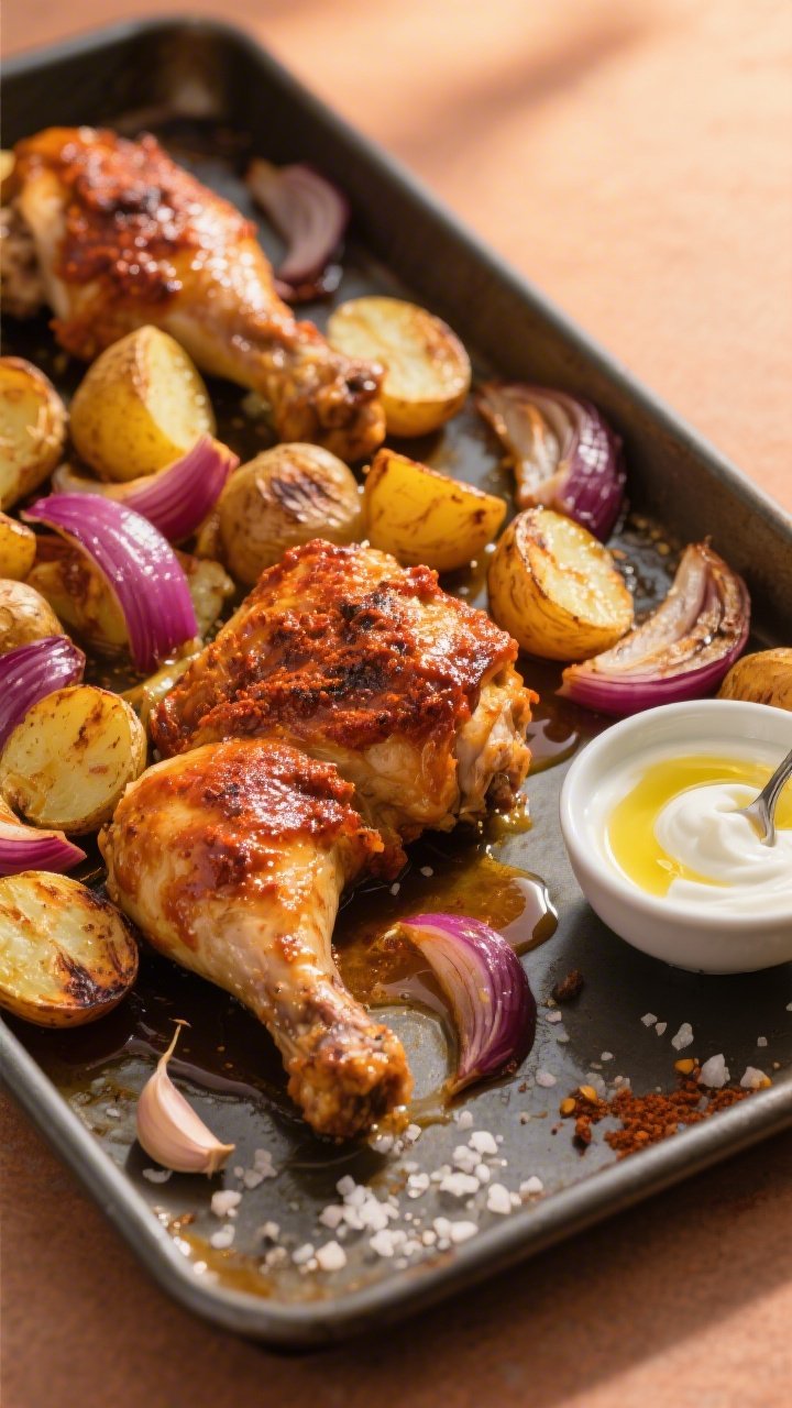 45-degree sheet-pan scene of harissa honey chicken and potatoes: bone-in, skin-on chicken thighs lacquered with a harissa paste and honey glaze, skin blistered and sticky; halved baby potatoes caramelized and golden, red onion wedges softened and charred at the tips; a small bowl of lemon yogurt drizzle off to the side with a spoon trail; olive oil sheen across the pan, coarse salt crystals, and a sprinkle of garlic and spices; warm sunset lighting for a North African-inspired roast.
