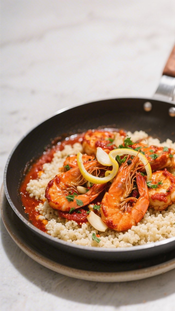 45-degree skillet hero shot: spicy harissa shrimp shimmering in a red-orange sauce with visible harissa paste, minced garlic, lemon zest curls, a squeeze of lemon juice, and a hint of ground coriander; sprinkled with fresh herbs. Served over fluffy cauliflower couscous in a shallow bowl beside the skillet; controlled highlights to show juiciness, bright Mediterranean heat mood, crisp edges, no people.