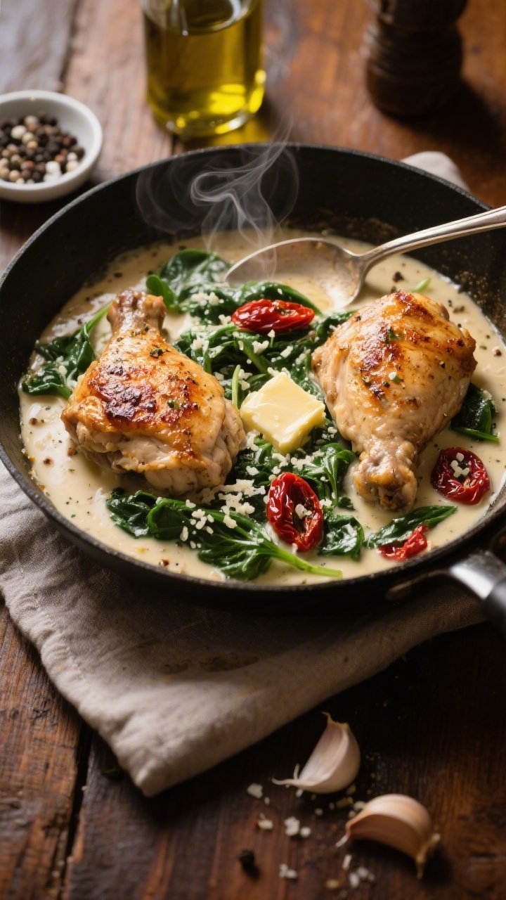 45-degree skillet scene of Creamy Tuscan Chicken: golden-seared chicken thighs nestled in a silky garlic-parmesan cream sauce, studded with wilted spinach and ruby sun-dried tomatoes; visible Italian seasoning speckles, butter melting around the edges; steam rising, spoon trails in the sauce; ingredients in frame include a small dish of kosher salt, cracked black pepper, minced garlic, and a bottle of olive oil; set on a warm wooden table with a folded linen, professional moody lighting to enhance creaminess and color contrast.