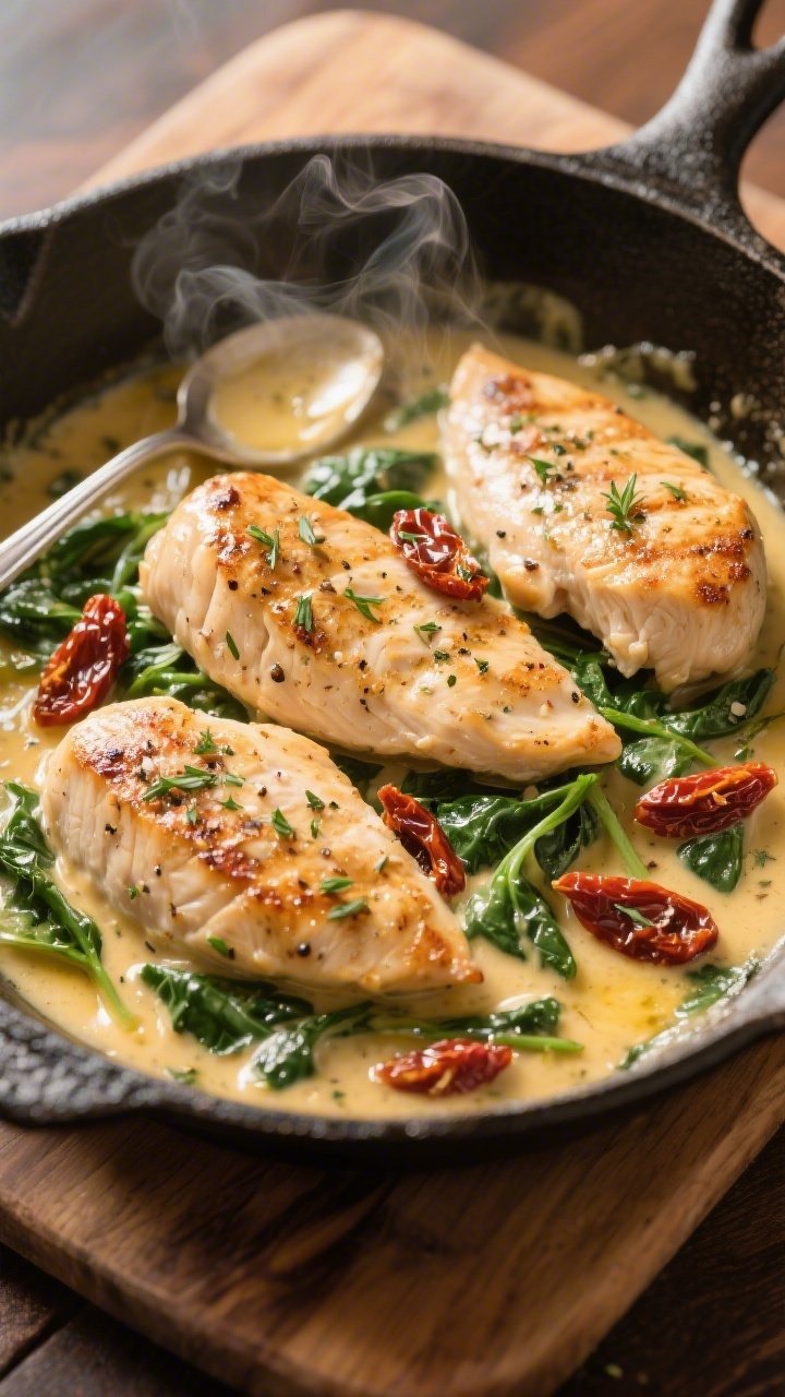 45-degree skillet scene of creamy Tuscan chicken (no cream): four seared boneless skinless chicken breasts, seasoned with kosher salt, black pepper, and Italian seasoning, nestled in a glossy butter-and-olive-oil pan sauce studded with sun-dried tomatoes and wilted spinach (creaminess implied by emulsified pan juices instead of dairy); steam gently rising, spoon trails visible in the sauce, cast-iron skillet on a wooden board, warm golden light emphasizing the herb-speckled surface.
