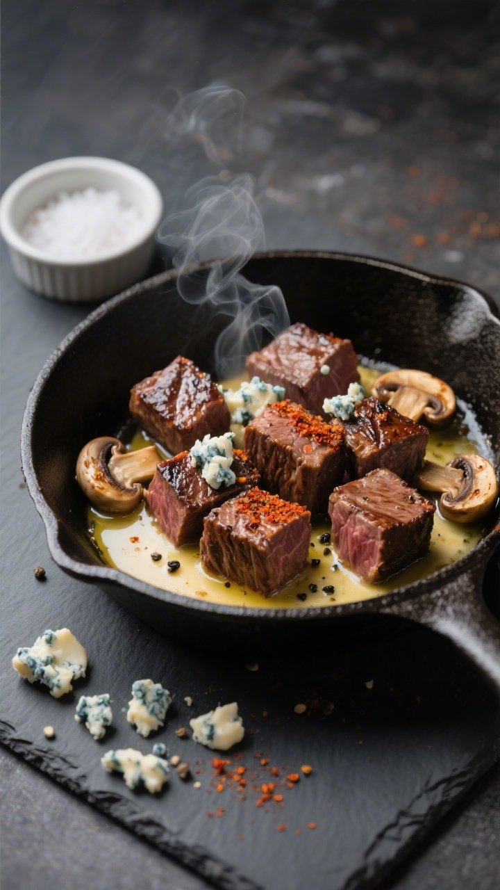 45-degree skillet scene of garlic butter steak bites seared to a deep brown crust (sirloin/ribeye cubes) with roasted halved cremini mushrooms; visible paprika and cracked black pepper on the meat, bubbling garlic butter pooling around. Crumbles of blue cheese melting in spots, a wisp of steam rising. Shot in a dark cast-iron pan on a slate surface with a small bowl of kosher salt and a ramekin of blue cheese for mood and texture contrast.