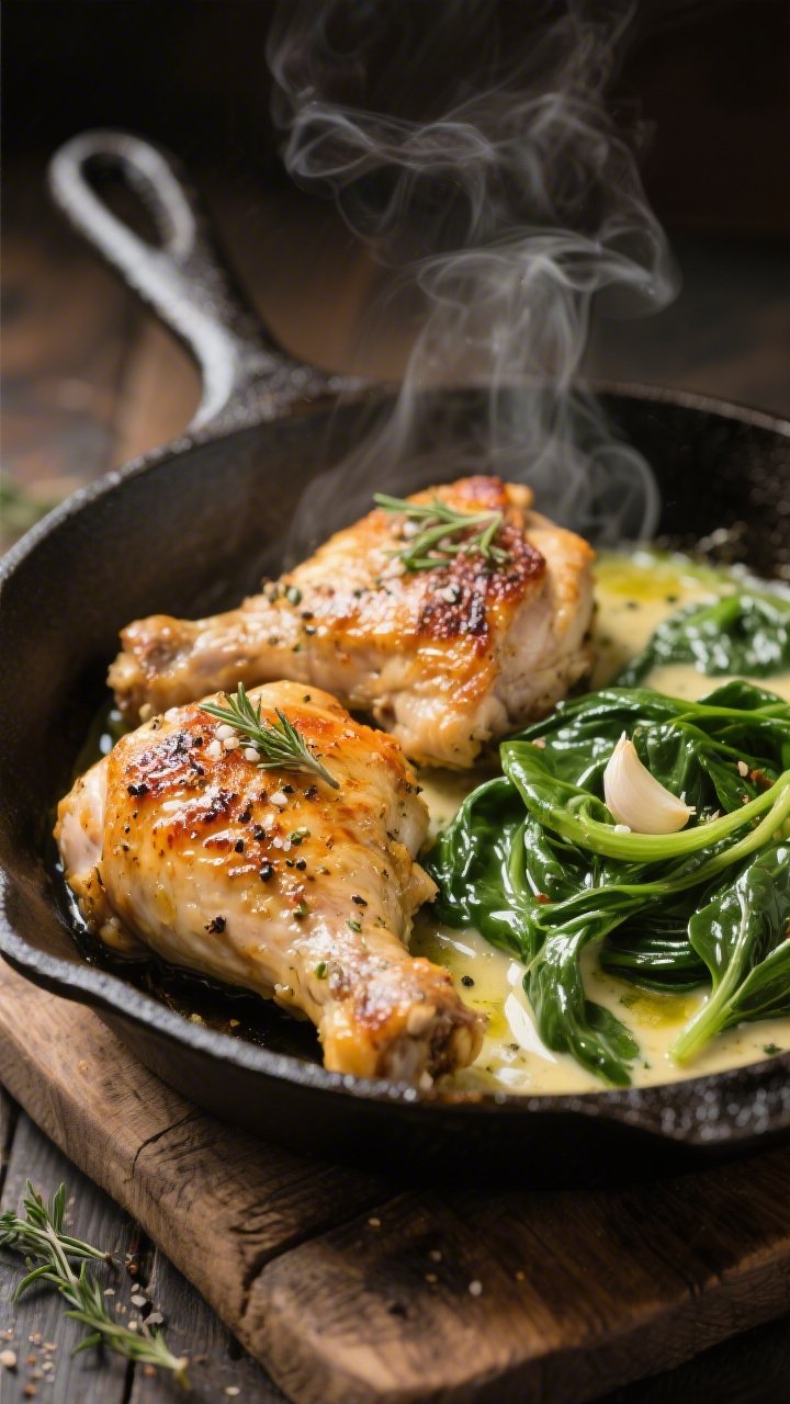 45-degree skillet scene of garlic-herb chicken thighs: bone-in, skin-on thighs with golden, blistered, crispy skin seasoned with kosher salt, black pepper, garlic powder, onion powder, and dried thyme, nestled beside creamy sautéed spinach swirled in the same pan; avocado oil sheen catching the light; flecks of thyme visible; cast-iron skillet on a rustic wooden board, steam rising softly; warm, comforting mood, tight composition focusing on textures.