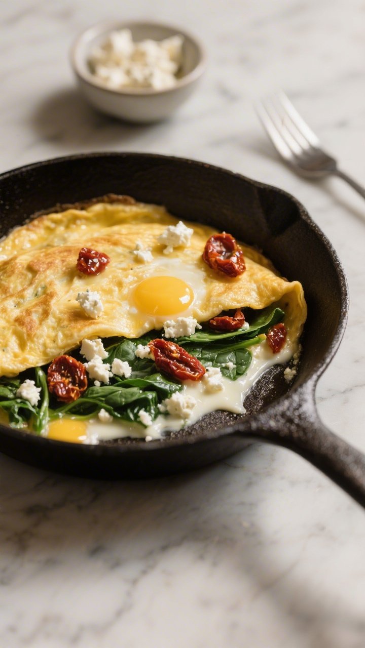 45-degree skillet shot of a feta omelet folded in-pan: tender eggs enriched with a splash of heavy cream, stuffed with wilted baby spinach, crumbled feta, and chopped oil-packed sun-dried tomatoes; butter gloss visible along the skillet edge, feta slightly melty, tomatoes glistening; cast-iron skillet on a marble surface with a small bowl of extra feta and a fork nearby, warm side light accentuating curds and creamy folds.