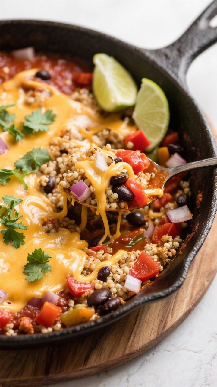 45-degree skillet shot of a one-pan enchilada quinoa: fluffy quinoa simmered with diced onion, red bell pepper, minced garlic, black beans, and fire-roasted tomato sauce, all swirled with melted cheese on top; garnished with chopped cilantro and lime wedges at the rim; rustic cast-iron pan on a wooden board, a spoonful scooped out to reveal saucy, cheesy strands and tender veg.