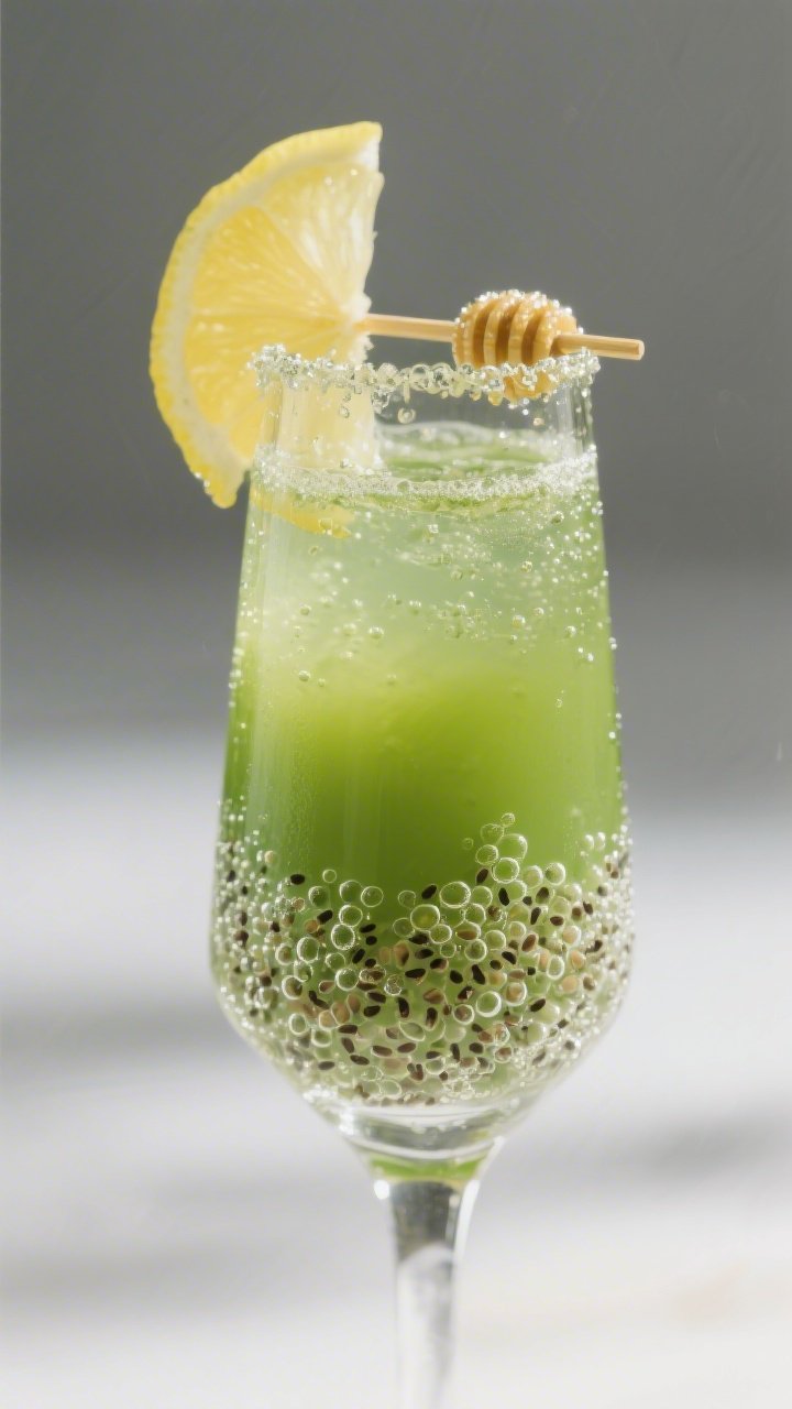 45-degree sparkle shot of a matcha-lemon chia spritzer in a tall flute: vivid green matcha whisked with 2 tablespoons hot water, poured over 1 cup cold sparkling water to create a layered gradient, 1 tablespoon lemon juice brightening the rim; hydrated chia seeds suspended like tiny pearls; optional thread of honey; lemon twist garnish; effervescent bubbles sharply captured, clean minimalist set.