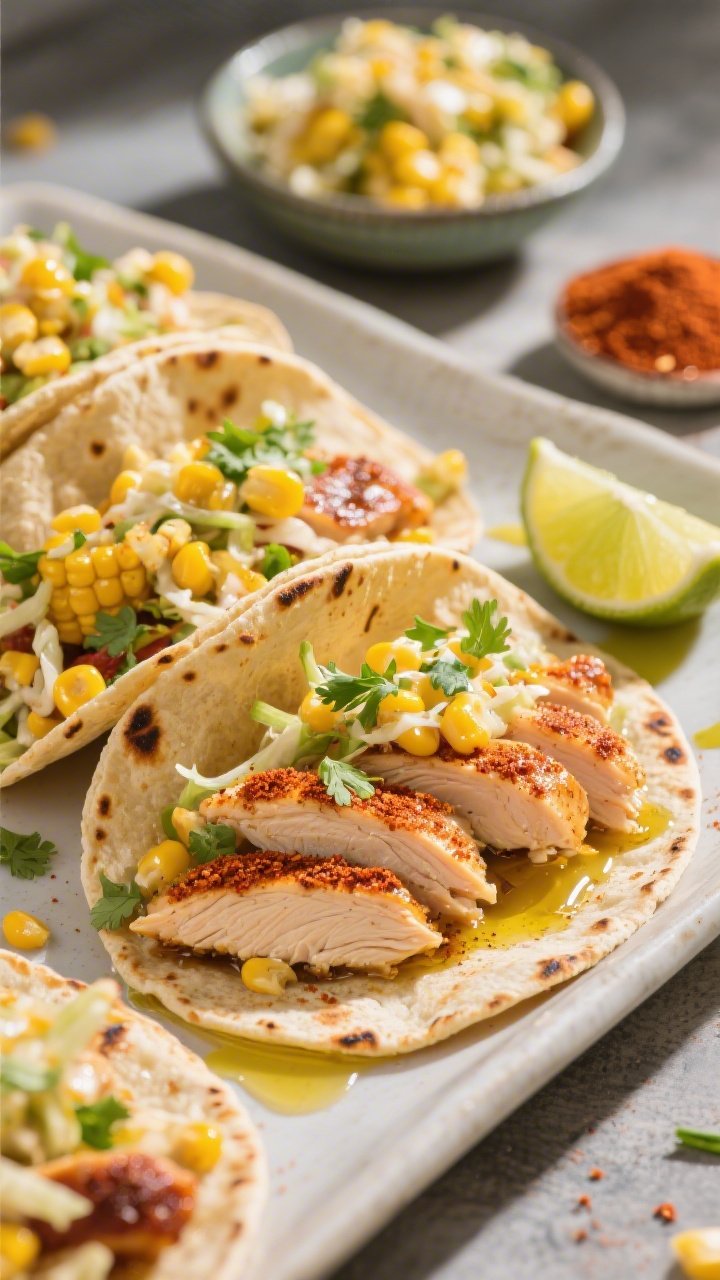 45-degree taco spread with street-style energy: zesty chicken tacos filled with thinly sliced, seared chicken seasoned with chili powder, cumin, smoked paprika, kosher salt, and a squeeze of lime. Corn tortillas slightly charred, topped with a vibrant street-style corn slaw (golden kernels, cilantro, a hint of crema), and lime wedges on the side. A drizzle of olive oil glisten on the chicken, micro-spritz of lime visible. Bright, lively lighting, shallow depth of field; a small bowl of extra corn slaw and chili-lime seasoning in the background.