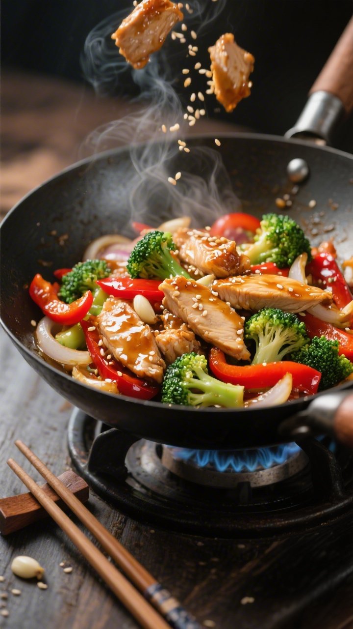 45-degree wok action shot: glossy honey-soy garlic chicken stir-fry with thinly sliced chicken breast pieces lightly crisped from cornstarch, vibrant red bell pepper strips, bright green broccoli florets, and translucent onion slices tossed in a lacquered sauce; steam rising, sesame seeds sprinkled, chopsticks resting nearby; shot in a carbon-steel wok on a stovetop, warm highlights and quick weeknight energy.
