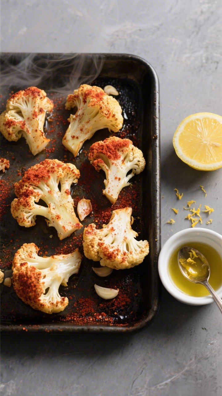 5-inch cauliflower florets on a dark sheet pan, edges crisp with a vibrant red dusting of smoked paprika and a hint of hot paprika, speckled with garlic powder, glistening from olive oil. A small ramekin of zesty lemon-garlic drizzle to the side with a spoon trail, a halved lemon and scattered lemon zest nearby. Neutral slate background, sharp contrast, steam faintly visible, professional crisp lighting.
