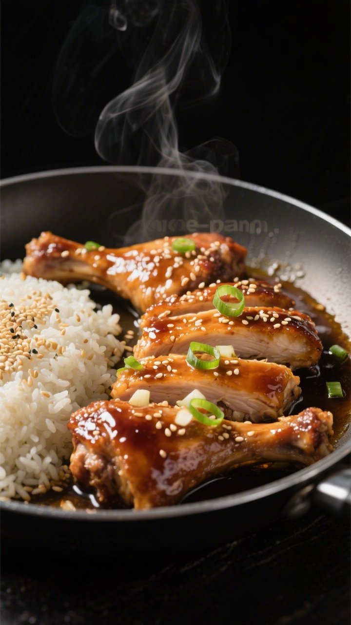 5-inch thigh pieces; visible minced garlic, toasted sesame seeds, and steam rising; a portion of sesame-studded rice pressed to one side of the same pan to emphasize “one-pan,” grains glossy from neutral oil; cornstarch-thickened glaze pooling slightly; garnished with thin scallion rings; dramatic side light for shine and texture, deep charcoal background for contrast.