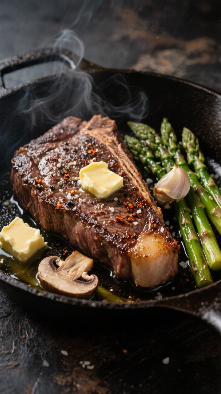 5 inches thick, seared in avocado oil with a crust of kosher salt, black pepper, and smoked paprika. Garlic butter mushrooms (8 oz/225 g) glistening alongside crisp-tender asparagus spears, three pats of melting unsalted butter pooling and basting the steak. Cast-iron pan on a dark rustic surface, steam rising, moody lighting with highlights on the browned crust and glossy mushrooms, no people, professional, appetizing.