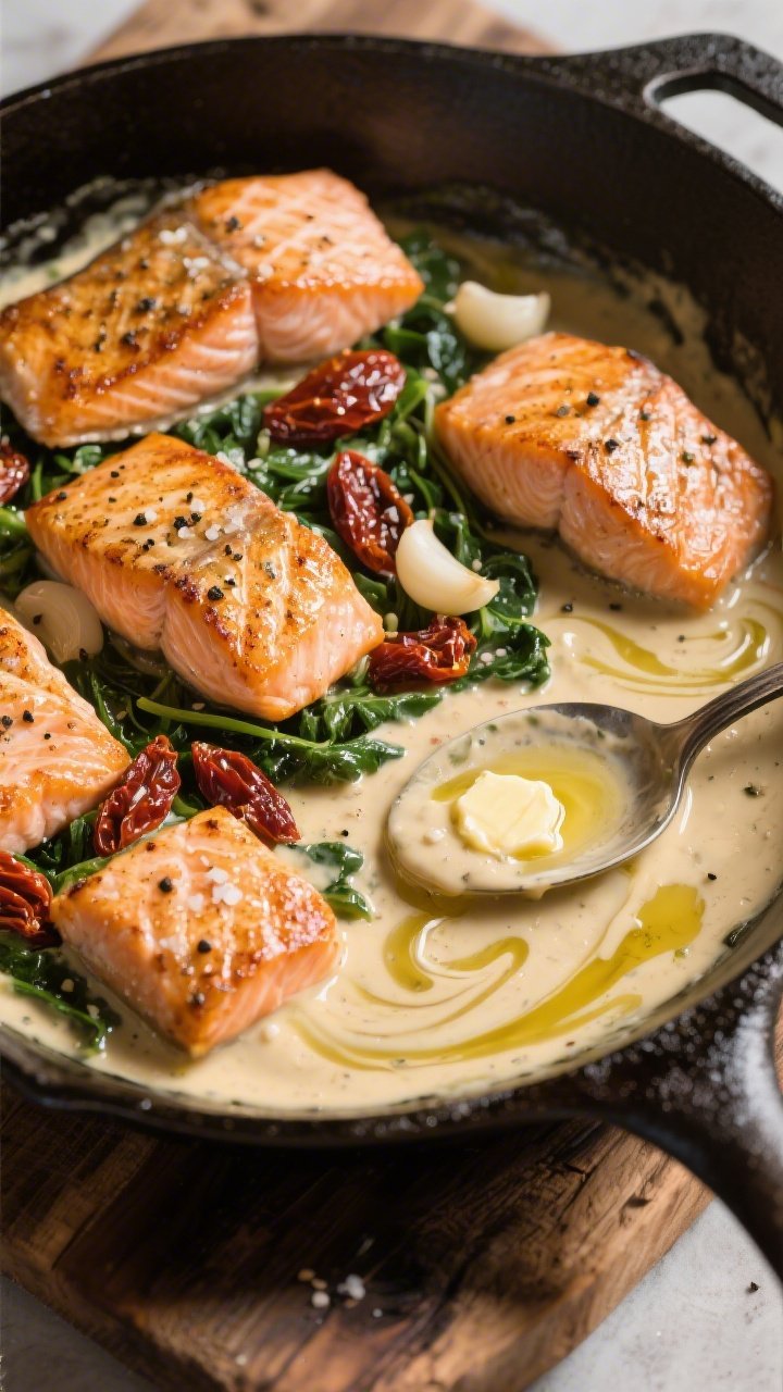 A 45-degree angle, one-pan scene of creamy Tuscan salmon: four seared, skin-on salmon fillets nestled in a glossy garlic cream sauce with oil-packed sun-dried tomatoes and wilted greens, finished with a shimmer of olive oil and butter; visible coarse kosher salt and cracked black pepper on the salmon; cooked in a cast-iron skillet placed on a rustic wooden board, with a spoon trailing sauce for movement; warm, directional light highlighting the lacquered salmon skin and creamy sauce swirls.