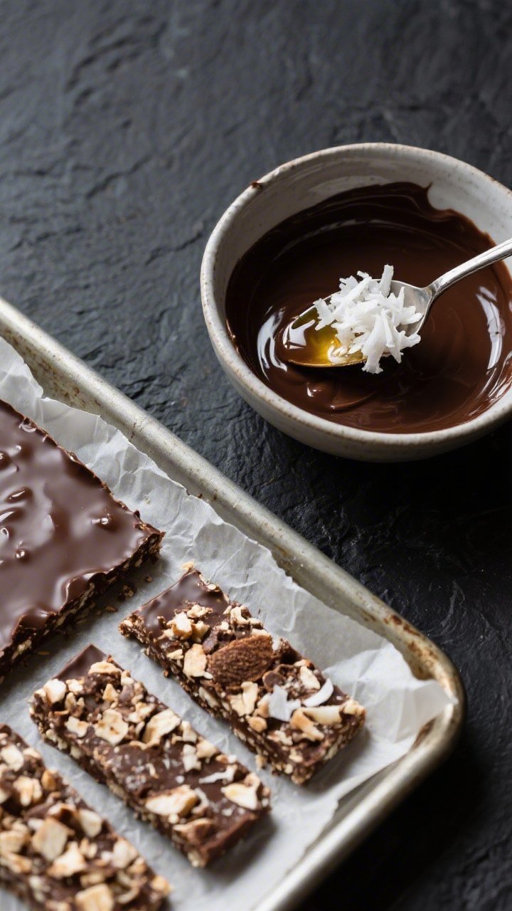 A 45-degree angle process shot of coconut-choco crunch bars being assembled: a bowl of melted sugar-free dark chocolate glossy with a sheen, a spoon folding in unsweetened shredded coconut and a drizzle of coconut oil; a parchment-lined pan with the mixture pressed evenly, a few set bars at the edge showing chunky coconut texture and snappy chocolate surface; dark slate backdrop for contrast, crisp highlights.