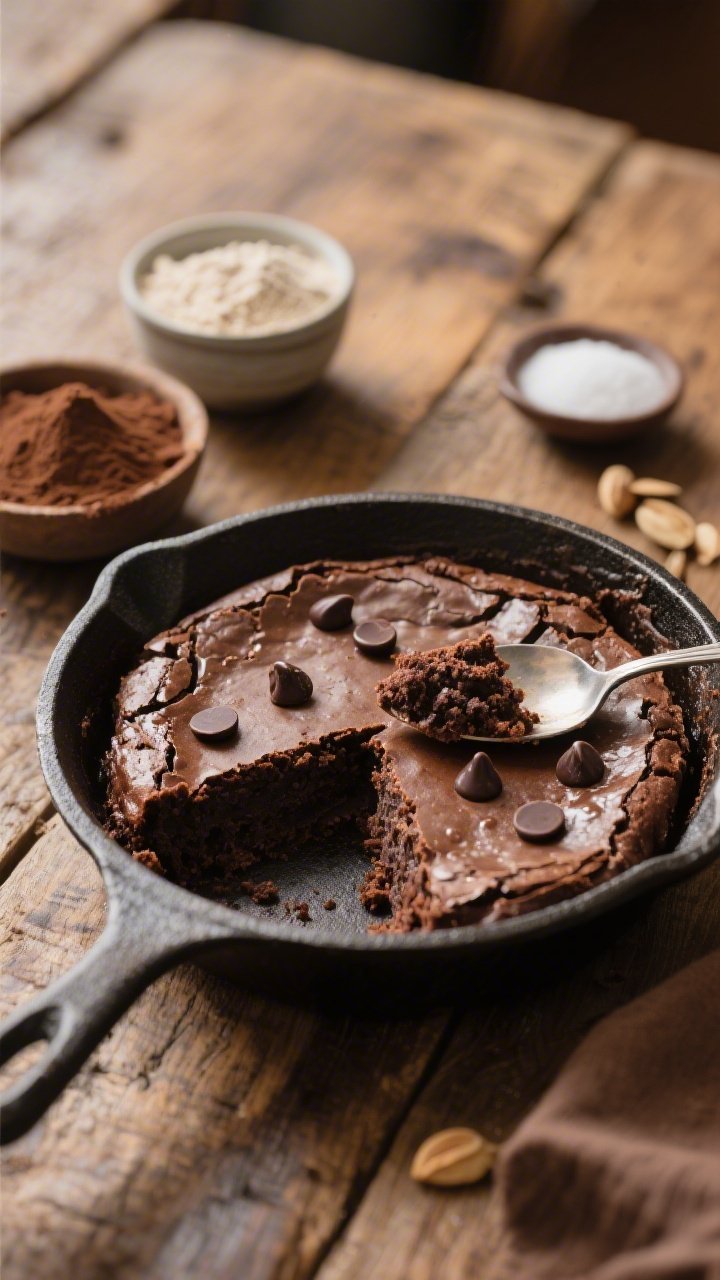 A 45-degree angle shot of a fudgy skillet brownie for two in a small cast-iron pan, crackly top with gooey center, a few melted sugar-free dark chocolate chips glistening on the surface; a spoon carving out a wedge to reveal dense crumb and fudgy interior; nearby props include a small bowl of almond flour, a heap of unsweetened cocoa powder, and a pinch dish of erythritol/allulose; warm, cozy lighting on a rustic wooden table