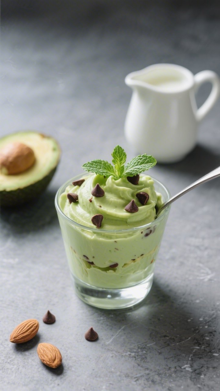 A 45-degree angle shot of mint chip avocado mousse spooned into a small chilled glass: silky pale green mousse made from ripe avocado and unsweetened almond milk, dotted with sugar-free chocolate chips; topped with extra chips and a small mint leaf for a fresh cue; ingredients staged subtly—halved avocado, a splash of almond milk in a mini pitcher—on a cool slate surface, clean modern styling.