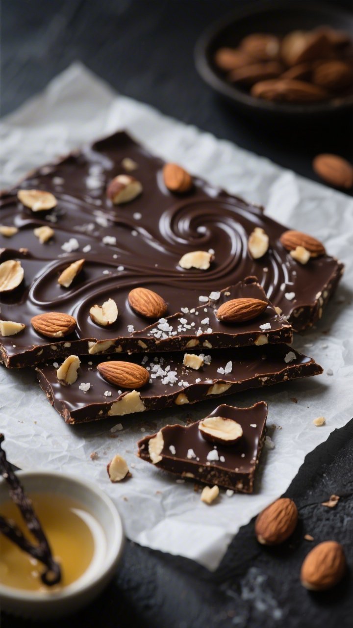 A 45-degree angle shot of one-bowl dark chocolate almond bark cooling on a parchment-lined sheet. The bark is glossy with swirls from melted sugar-free dark chocolate and coconut oil, studded with roughly chopped roasted almonds. Finished with flaky sea salt crystals catching the light. Broken, irregular shards stacked in the foreground; a small dish of vanilla extract and extra almonds blurred in the background for context, moody dark surface for contrast.