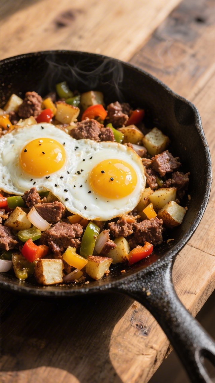 A 45-degree angle skillet scene of Smoky Meatloaf Breakfast Hash with runny yolks: diced cooked potatoes with crispy browned edges, mixed-color bell peppers, and diced onion sautéed in olive oil and butter, studded with crumbled leftover meatloaf; two sunny-side-up eggs on top with gleaming, runny yolks and a light peppering of black pepper; caramelized bits clinging to a well-seasoned cast-iron pan, rustic wooden table beneath, warm morning light highlighting textures and smoke-kissed tones.