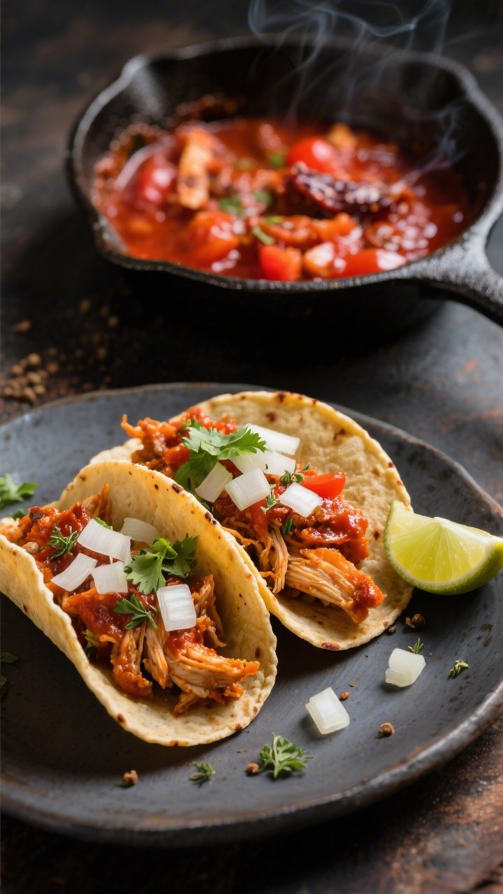 A 45-degree angle street-style chicken tinga taco scene: corn tortillas loaded with saucy shredded chicken simmered in crushed tomatoes, chipotle in adobo, thinly sliced sautéed white onions, oregano, and cumin; tacos garnished simply with diced white onion and cilantro, lime wedges on the side; a small cast-iron pan in the background with the deep red tinga showing glossy bits of tomato and chile; moody, vibrant colors that convey heat and smoke; no people, focus on the tacos and the vivid reddish-orange sauce.