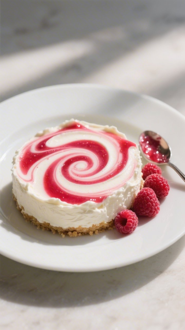 A 45-degree plated presentation of berry cheesecake swirls: velvety cream cheese blended with heavy whipping cream in a shallow white bowl, marbled with vivid raspberry/strawberry puree; pronounced red-pink swirls against the creamy off-white base, a few fresh berries and a spoon with remaining mash set beside; soft natural light, minimal props to highlight the elegant swirl effect.