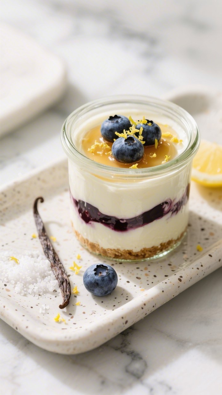 A 45-degree plated presentation of Greek yogurt cheesecake jars layered in clear glass: creamy blend of plain Greek yogurt and light cream cheese, subtle lemon zest flecks, a blueberry burst compote swirled through, and a honey or maple syrup sheen on top; garnished with fresh blueberries, micro lemon zest, and a pinch of salt on a speckled ceramic tray; bright, airy lighting with a cool marble background and a vanilla pod nearby.