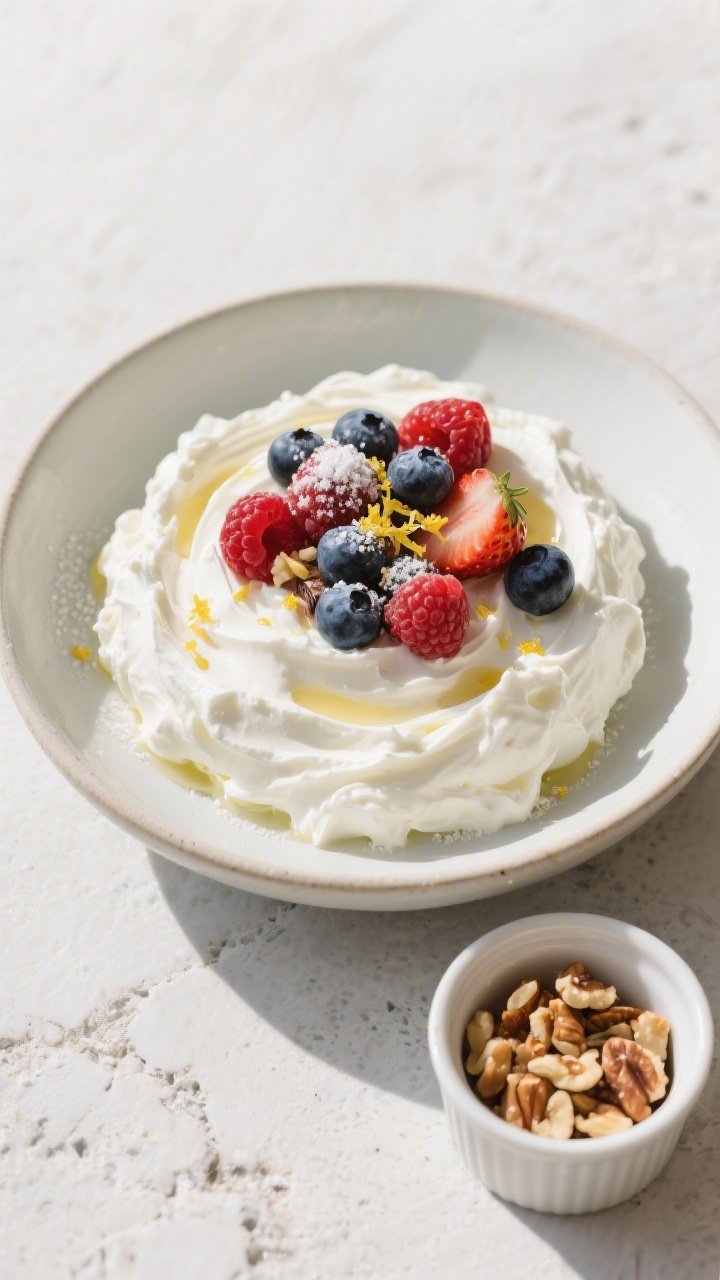 A 45-degree plated presentation of quick berry ricotta bowls: whole-milk ricotta whipped with a touch of heavy cream into a silky mound in a shallow bowl, swirled and topped with a handful of fresh mixed berries (raspberries, blueberries, strawberries). Light sprinkle of powdered sweetener, a drizzle of vanilla, and a hint of lemon zest over the berries. Crunch element shown as a small side ramekin of toasted chopped nuts or seed crunch. Bright, fresh morning vibe on a light stone surface.