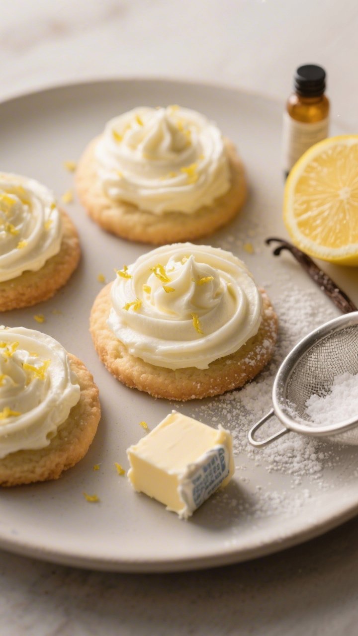 A 45-degree plated presentation of Tangy Cream Cheese Frosting swirled thick and velvety on round sugar cookies, topped with micro-grated lemon zest; foreground features a small block of softened cream cheese, a stick of unsalted butter wrapper partially peeled, a fine-mesh sieve dusted with powdered sugar, a halved lemon ready for fresh juice, and a vial of pure vanilla; soft, warm daylight accentuates the creamy texture with faint tangy brightness; minimal props, matte ceramic plate to contrast the silky frosting.