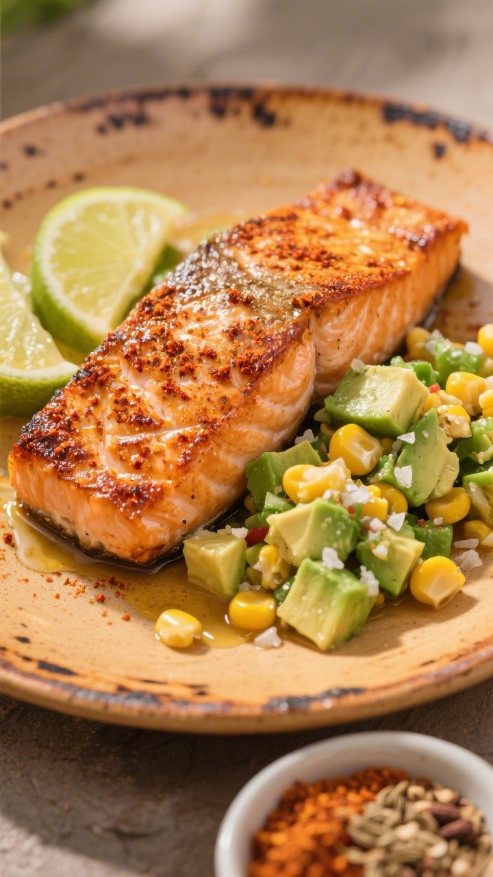 A 45-degree plated shot of crispy skin-on salmon fillets seared to a deep golden crust, dusted with chili powder, smoked paprika, cumin, and garlic powder, served with a heaping avocado-corn salsa (diced ripe avocado, sweet corn kernels, lime wedges visible), finished with a glisten of olive oil and flaky kosher salt; styled on a warm-toned ceramic plate with char marks on the salmon skin, lime halves and a small bowl of spice blend in frame, shallow depth of field, bright natural side light to emphasize texture and crispness.