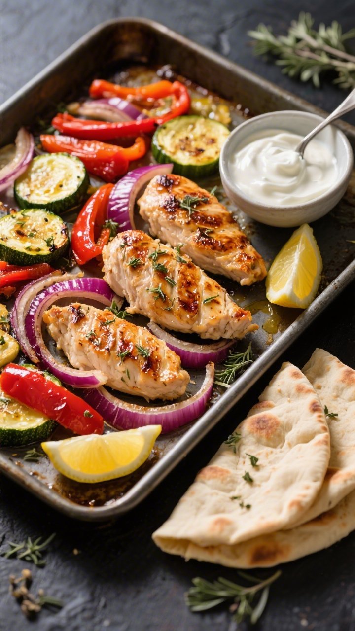 A 45-degree sheet-pan scene of Greek chicken pitas: roasted strips of boneless skinless chicken thighs nestled with blistered red onion wedges, red bell pepper strips, and golden-edged zucchini slices, all glistening with olive oil and dried oregano; warm pita halves on the side and a small bowl of tangy yogurt drizzle ready to spoon over; shot on a dark metal sheet pan for contrast, with lemon wedges and a sprinkle of dried herbs, vibrant Mediterranean colors, crisp textures, no people