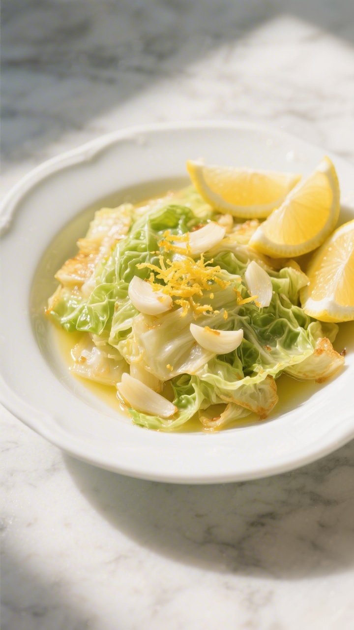 A bright 45-degree angle shot of garlicky lemon fried cabbage that tastes like sunshine: tender ribbons of Savoy cabbage tossed with thinly sliced garlic, glossy from extra-virgin olive oil and a touch of butter; vibrant lemon zest sprinkled on top and fresh lemon wedges alongside; finished with a squeeze of lemon juice that catches the light; plated in a white shallow bowl on a sunlit marble counter, crisp, fresh, citrus-forward mood.