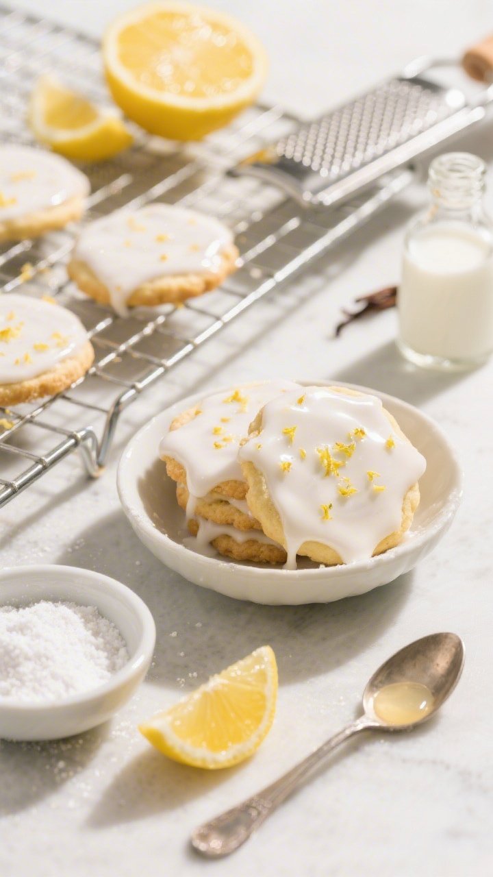 A bright, straight-on final presentation of sugar cookies dipped in Lemony Glaze that shines and sets fast: a glossy, translucent lemon-white finish with visible flecks of finely grated lemon zest; nearby a bowl of sifted powdered sugar, a small dish of fresh lemon juice, a spoon with a few drops of milk/water, and a tiny bottle of vanilla (or almond) extract; wire rack with a few cookies mid-drip, citrus halves and a microplane in the background; airy, sunlit mood emphasizing zippy freshness and sheen.