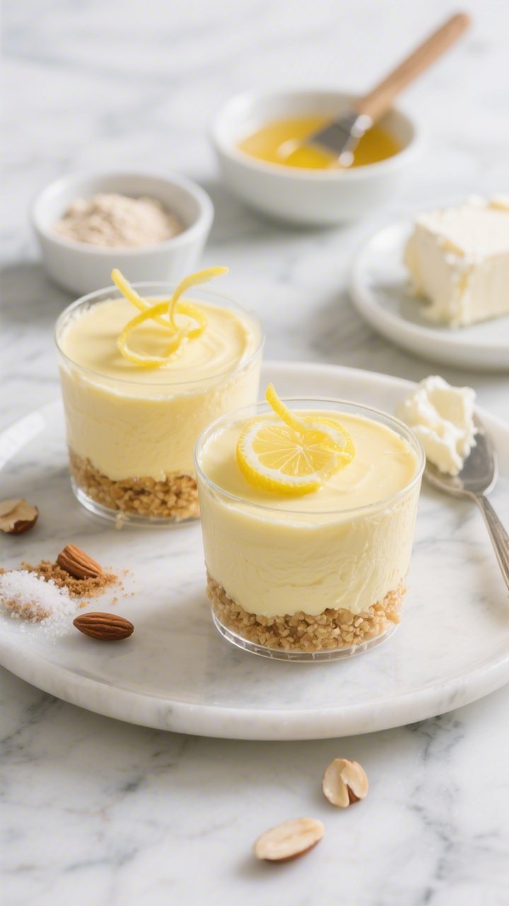 A bright, straight-on plated presentation of no-bake lemon cheesecake cups in clear glass tumblers: creamy pale-yellow lemon cheesecake filling piped over a toasted almond “graham” crumble base; tops finished with fine lemon zest curls and a thin lemon wheel half; nearby on the marble surface: a small bowl of almond flour, melted butter with a brush sheen, a pinch of cinnamon and salt in pinch bowls, and softened cream cheese with a spatula; fresh, zesty mood with clean highlights showcasing velvety texture and crumbly nut base