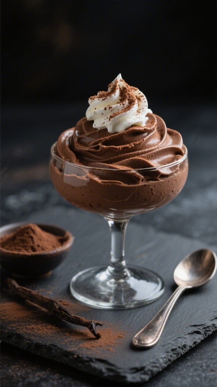 A close-up, 45-degree angle shot of a decadent keto chocolate mousse swirled into a clear glass coupe, topped with a light dusting of unsweetened cocoa powder and a delicate ripple from softly whipped, very-cold heavy cream; subtle flecks of vanilla visible in the creamy mousse made with cream cheese and sweetened with powdered erythritol; styled on a dark matte slate with a small bowl of cocoa powder, a vanilla pod, and a spoon showing a glossy, airy texture; moody, date-night lighting with soft highlights, professional food photography, no people.