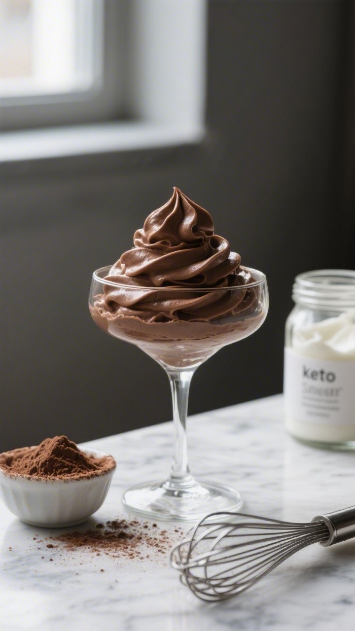 A close-up, 45-degree angle shot of cloud-soft chocolate mousse piped into a chilled glass coupe, silky swirls with soft peaks, dusted lightly with Dutch-process cocoa; a small bowl of unsweetened cocoa powder, a jar of powdered keto sweetener, and a stainless whisk with trails of cold heavy whipping cream in the background on a cool marble surface; moody, soft window light emphasizing the ultra-creamy texture, no garnish, pure chocolate tones.
