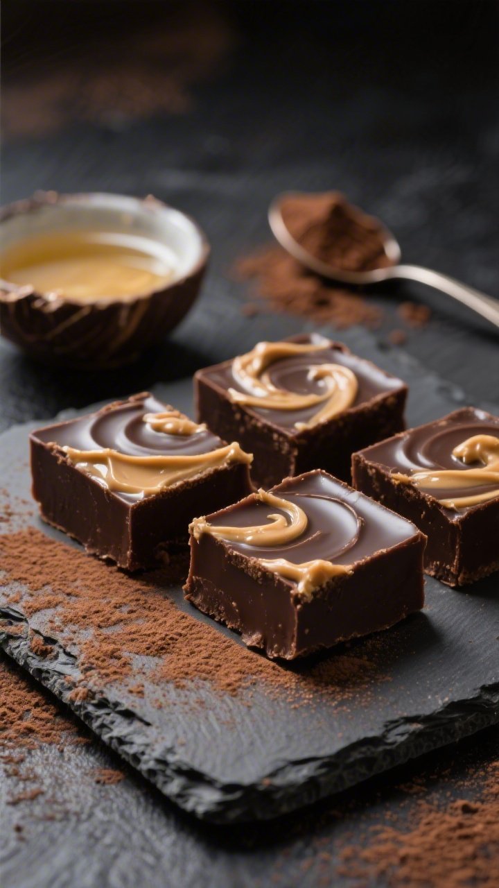 A close-up, 45-degree angle shot of glossy dark chocolate peanut butter fudge squares on a matte slate board, clean sharp edges, topped with a light dusting of unsweetened cocoa powder; visible swirl of natural creamy peanut butter in the cut surface; a small bowl of melted coconut oil and a spoon with cocoa powder in the background, moody lighting, rich browns and deep chocolate tones, professional food styling, no people.