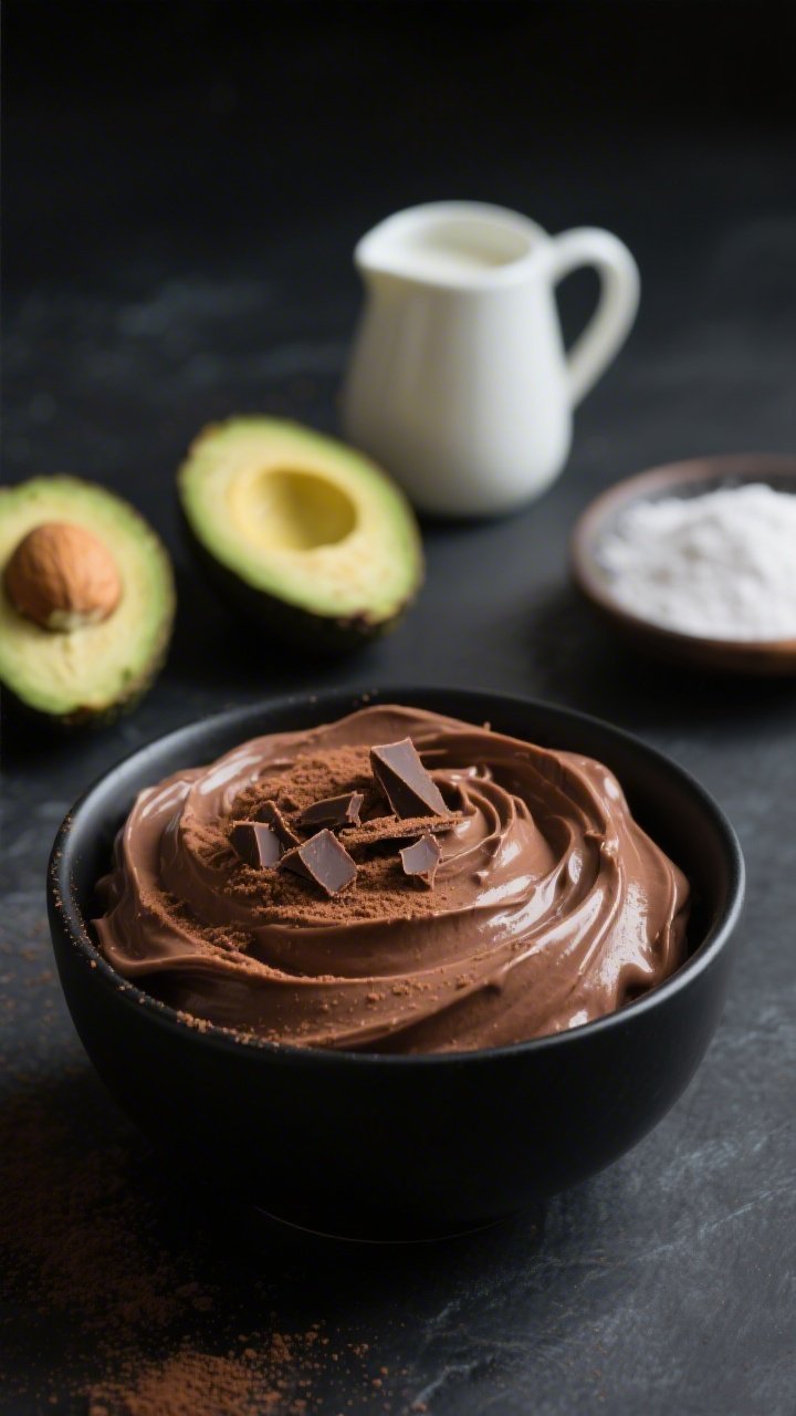 A close-up, 45-degree angle shot of silky chocolate avocado mousse swirled into a matte black bowl, ultra-smooth and glossy, topped with a light dusting of unsweetened cocoa powder and a few chocolate shavings; show two ripe avocado halves (pitted), a small pitcher of unsweetened almond milk, and a dish of powdered erythritol/allulose blurred in the background; dark moody lighting to emphasize the rich cocoa color and creamy texture, no people, professional food styling
