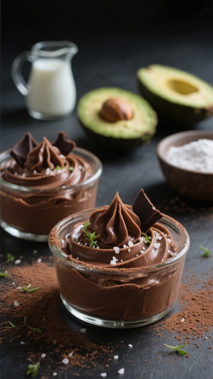A close-up, 45-degree angle shot of silky chocolate avocado mousse piped into small glass ramekins, ultra-smooth and glossy. Garnish with a light dusting of Dutch-process cocoa powder, a few dark chocolate curls, and micro sea salt flakes. Include visual hints of key ingredients in soft focus: ripe avocado halves with pits, a small pitcher of full-fat canned coconut milk/cream, and a bowl of powdered allulose. Moody, low-key lighting to emphasize creamy texture and rich chocolate color, no people, professional studio styling.