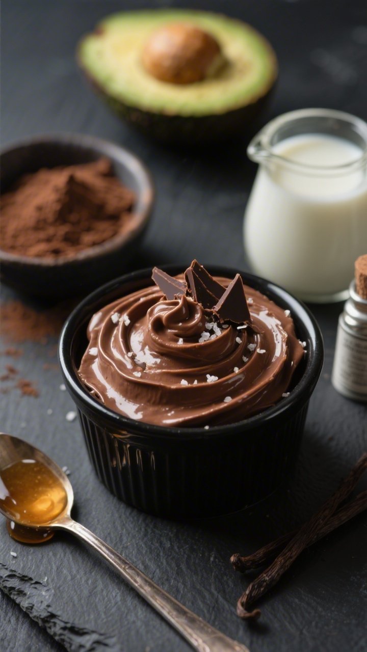 A close-up, 45-degree angle shot of silky melted chocolate avocado mousse swirled into a matte black ramekin, topped with a glossy ripple of cocoa, a sprinkle of fine sea salt, and a few chocolate shavings; blurred background shows halved ripe avocados, a small bowl of unsweetened cocoa powder/raw cacao, a drizzle of pure maple syrup in a spoon, a mini pitcher of canned full-fat coconut milk, and a vanilla vial on a dark slate surface, moody lighting highlighting creamy texture.