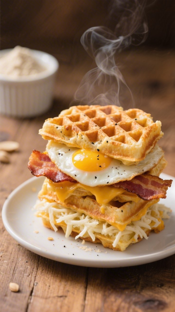 A close-up 45-degree shot of a crispy chaffle breakfast sandwich stacked high on a small white plate: golden, cheese-flecked chaffles made from egg and shredded mozzarella with optional almond flour fluff, layered with a thick-cut strip of bacon, a glossy fried egg, and a light sprinkle of black pepper. Steam rising, melted cheese webbing along the chaffle’s lattice for texture. Minimal keto styling with a tiny ramekin of almond flour and a pinch of baking powder visible blurred in the background on a warm wood surface, natural morning light.