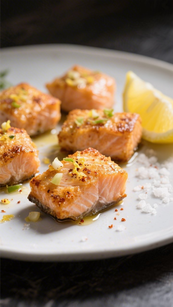 A close-up 45-degree shot of crispy lemon-garlic salmon bites just out of the air fryer, golden edges glistening with olive oil, flecks of lemon zest, minced garlic, and smoked paprika visible on the surface; served on a matte white plate with lemon wedges and a sprinkling of sea salt, shallow depth of field, moody natural side light to emphasize flaky salmon texture and citrus sheen
