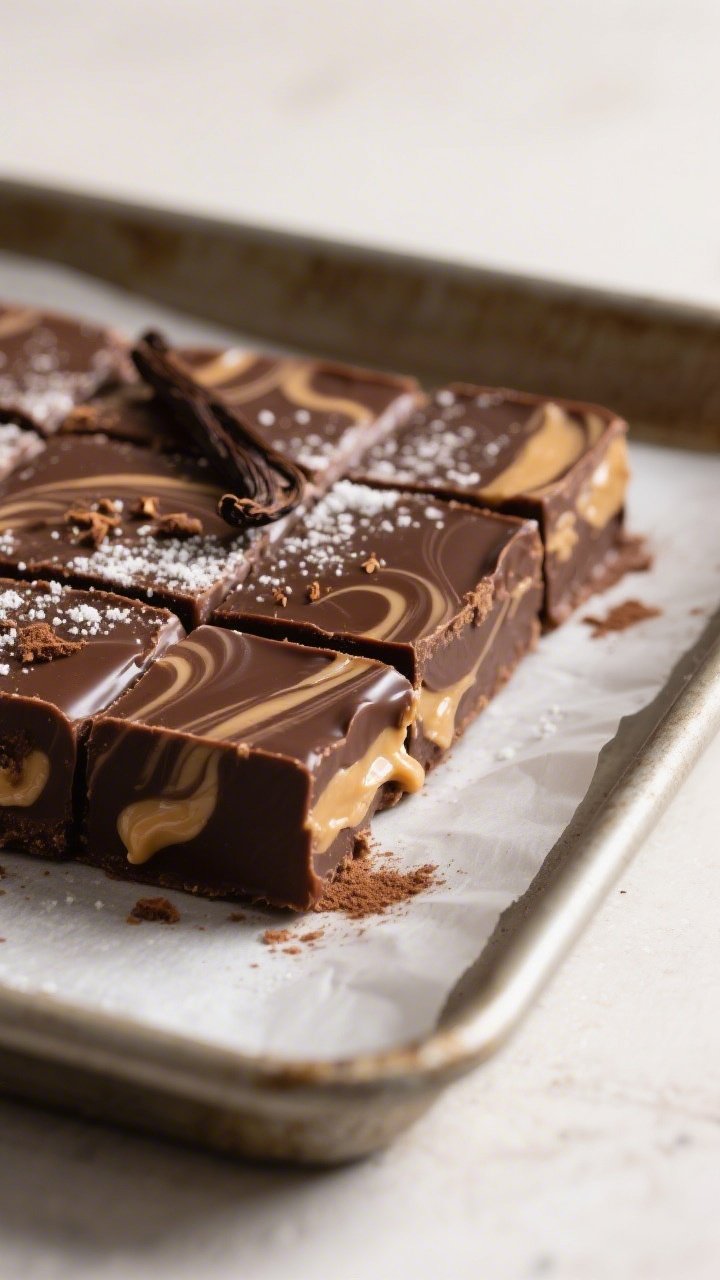 A close-up, 45-degree shot of glossy keto chocolate peanut butter fudge squares on a parchment-lined loaf-pan slab, sharp clean edges and a silky texture. Visible swirl of natural creamy peanut butter marbled into dark cocoa, with a subtle sheen from coconut oil. Light dusting of powdered sweetener on top, tiny vanilla bean flecks, and a few scattered cocoa powder smudges. Neutral backdrop, soft side light to emphasize rich matte-chocolate vs. creamy-peanut contrast, no people.