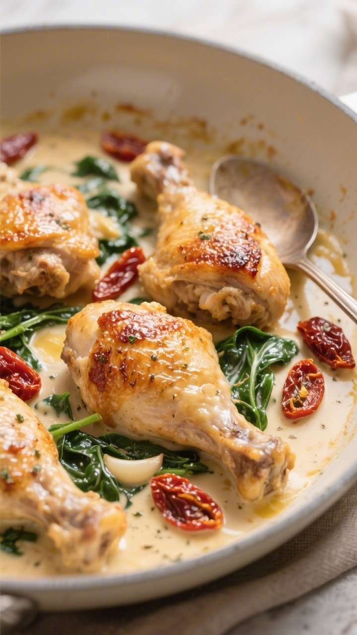 A close-up, shallow-depth-of-field shot of creamy Tuscan chicken thighs: bone-in, skin-on thighs with golden, crackly skin simmered in a rich sauce of butter, garlic, and Italian seasoning. Sun-dried tomatoes and wilted spinach swirl through a velvety cream base, glossy and clinging to the chicken. Served in a wide, light-colored skillet, spoon trails visible in the sauce, warm inviting tones, focused on textures of crispy skin, creamy sauce, and ruby tomato pieces.
