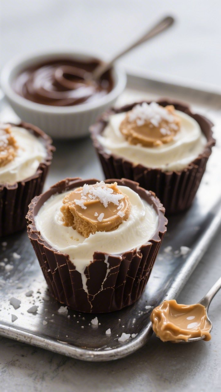 A close-up, straight-on shot of peanut butter frozen yogurt cups just unmolded: creamy Greek yogurt and natural peanut butter centers lightly sweetened with maple syrup and vanilla, encased in a crunchy dark chocolate shell that glistens with a faint crack line; sea salt flakes sprinkled on top; set on a chilled metal tray with cupcake liners, a small bowl of melted chocolate, and a spoon with peanut butter swirl; cool, crisp lighting to emphasize contrast and texture.