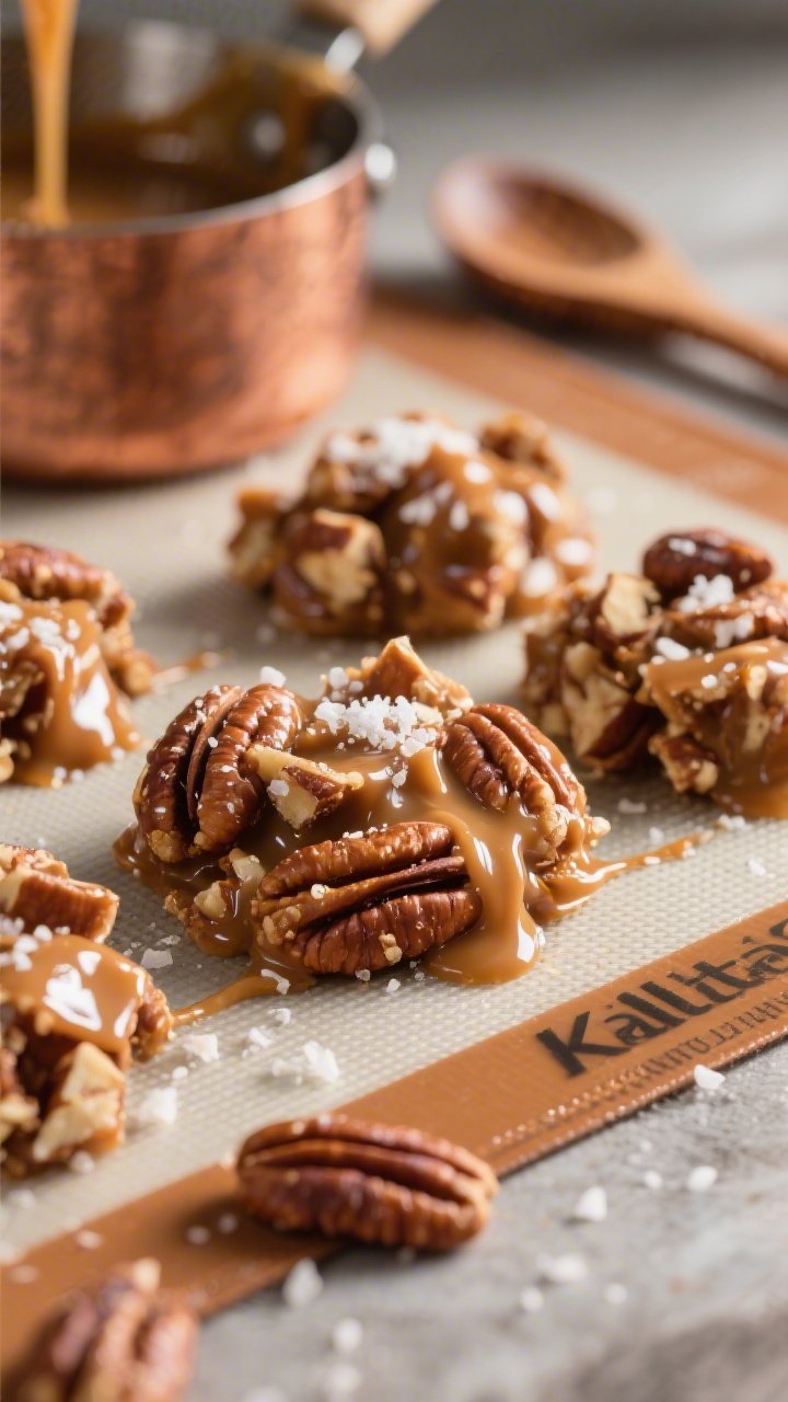 A close-up, straight-on shot of salted caramel keto pecan pralines cooling on a silicone mat. Clusters of chopped pecans bound by glossy, amber sugar-free caramel made with butter, brown-style sweetener, and a splash of heavy cream. Flakes of sea salt visible on top, caramel strands forming delicate edges. Warm, rich lighting to emphasize sheen and texture; a small saucepan with residual caramel and a wooden spoon blurred in the background.