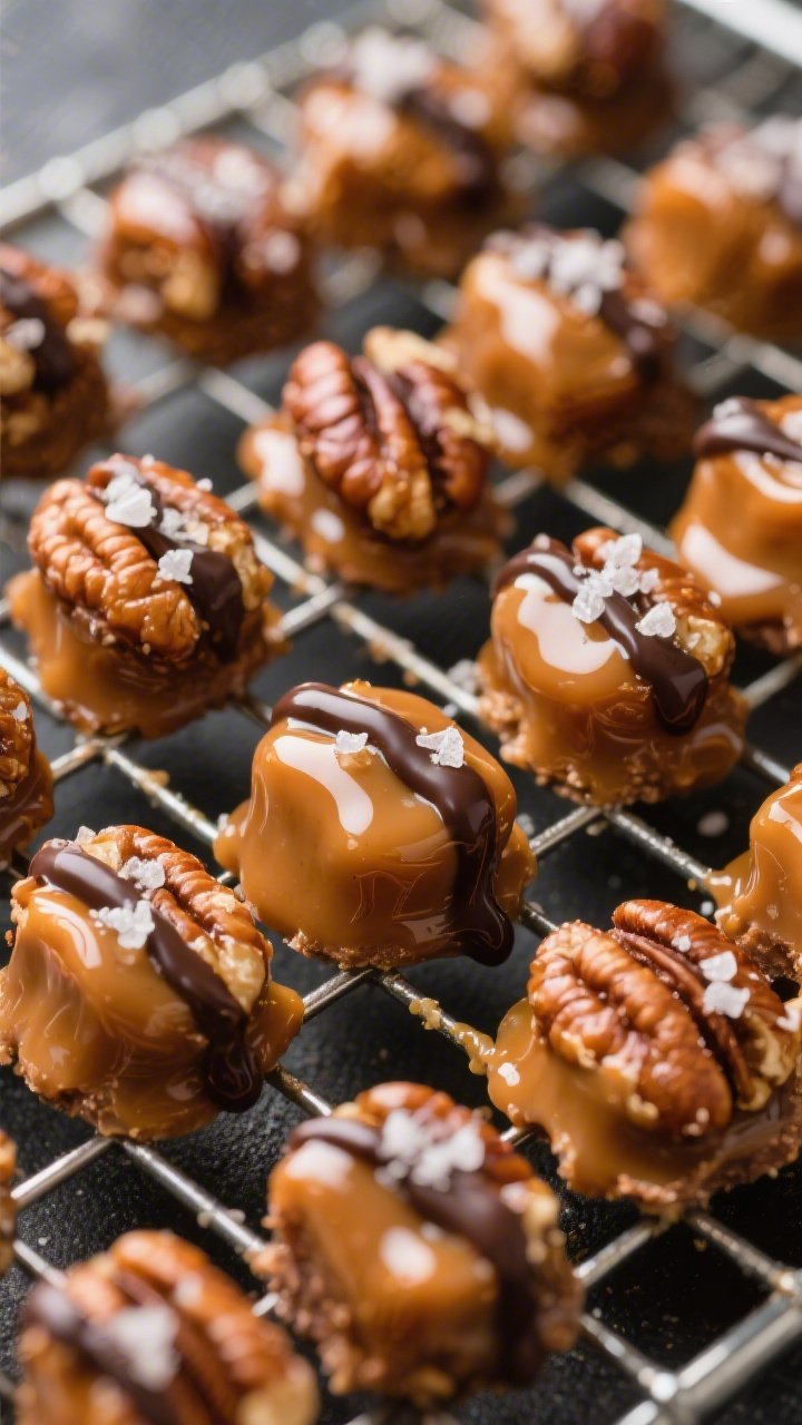 A close-up, straight-on shot of salted caramel pecan bites arranged in neat rows on a cooling rack: glossy pecan halves coated in thick sugar-free caramel sauce, a delicate drizzle of melted sugar-free dark chocolate crossing some pieces; visible salt crystals sparkling on top, rich amber and nut-brown tones, tight depth of field to emphasize sticky, candy-like texture.