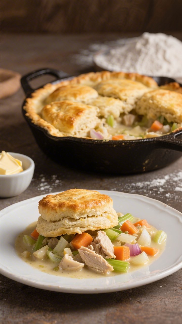 A cozy plated presentation of chicken pot pie biscuit bake: a cast-iron baking dish with golden, flaky biscuits nestled over a creamy filling of chicken, diced onion, celery, carrots, and garlic in a thickened buttery sauce; one serving scooped onto a plate to reveal the velvety interior and tender vegetables; shot straight-on to showcase biscuit height and creamy layers; warm, homey lighting with a small bowl of butter and a dusting of flour in the background to nod to the roux.