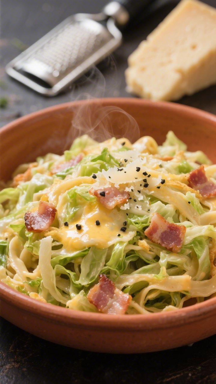 A cozy, straight-on close-up of cheesy fried cabbage carbonara (no pasta): finely shredded green cabbage sautéed with pancetta until tender and lightly caramelized, coated in a glossy Pecorino Romano and egg emulsion; visible flecks of black pepper and bits of crisp pancetta; the sauce clings silkily to the cabbage strands, with gentle steam; served in a warm-toned bowl with a microplane and wedge of Pecorino in the background.