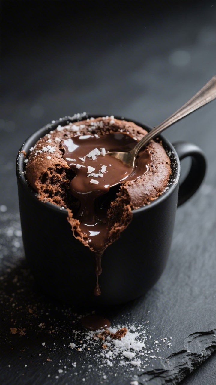 A dramatic close-up, 45-degree angle of a gooey chocolate lava mug cake just split open with a spoon, molten Dutch-process cocoa center oozing out, tender crumb from finely ground almond flour, subtle dusting of powdered erythritol on top, a pinch of flaky salt visible, styled in a matte black mug on a dark slate surface with soft side lighting to emphasize shine and fudgy texture, minimal props for an indulgent, keto-friendly mood.