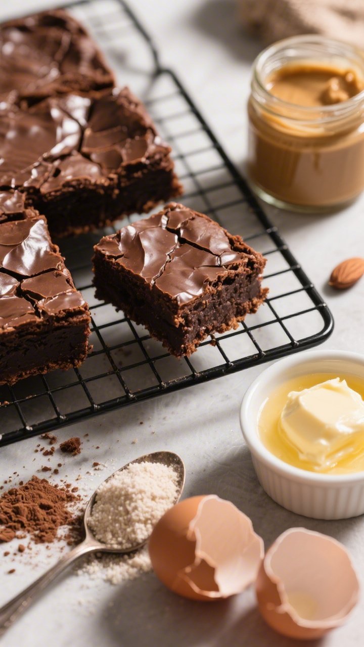 A dramatic close-up of fudgy almond butter brownies on a cooling rack, 45-degree angle. Emphasize crackly, shiny tops with defined fissures and dense, moist interiors on a sliced piece. Scatter cocoa powder and a spoonful of granulated allulose nearby, with a jar of almond butter and a pat of melted butter in a small ramekin. Include a small bowl with almond flour and two cracked egg shells to hint ingredients. Warm, directional light to enhance chocolatey depth and gloss.
